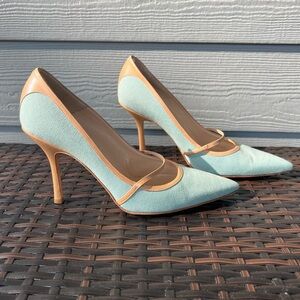 Jimmy Choo Light Blue Tan Strap Pointed Toe Pump